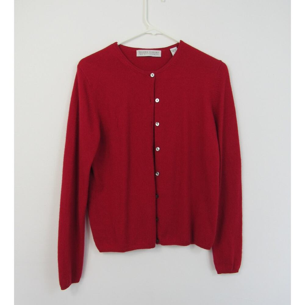 Valerie Stevens Two-Ply Cashmere Crewneck Cardigan Medium Vibrant Red Vintage